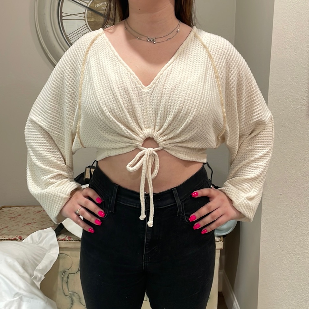 ☮️ Woven beige Long sleeve Crop Top